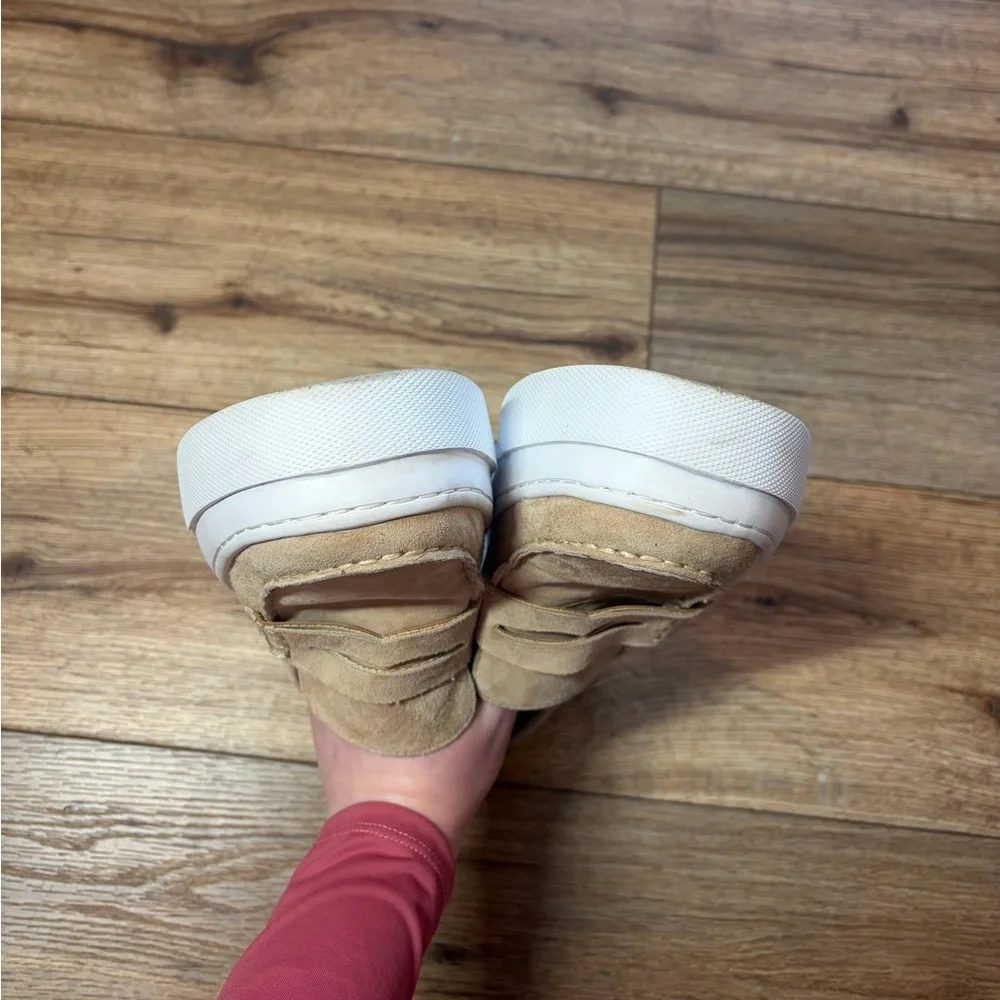 J/Slides AVA platform penny loafers in a light sand suede